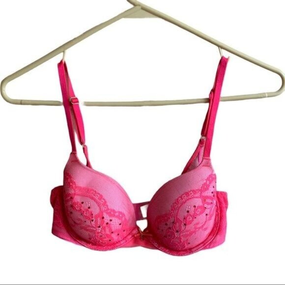 Victoria's Secret Lined Demi Bra Women 32C Hot Pink Lace Rhinestones - Picture 2 of 5